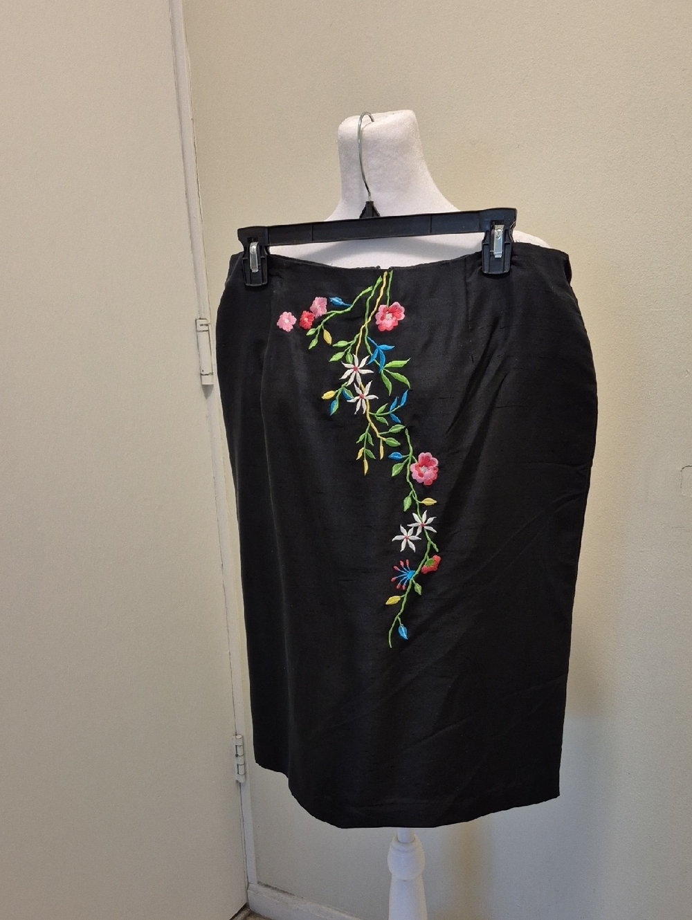 Allison Taylor Black Pencil Skirt with Pink & Green Floral Embroidery